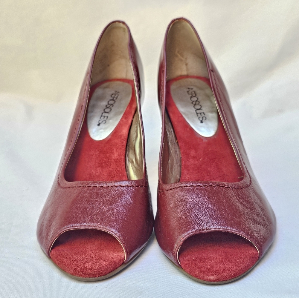 Aerosoles Red Leather Shoes Peep-Toe Heels Rockabilly Pinup Fall Autumn Size 7.5 - Picture 3 of 14